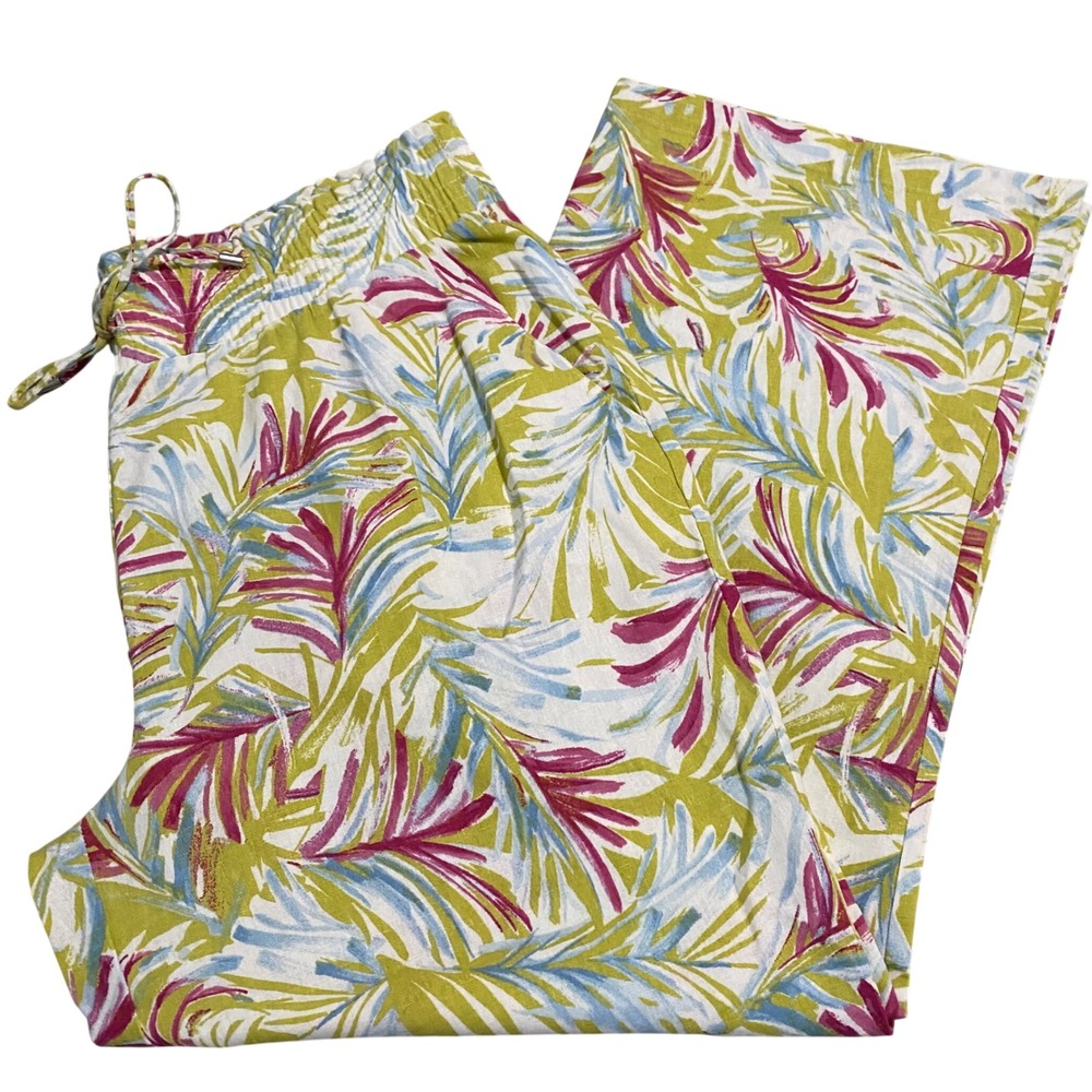 Land 'n Sea Womens XL Tropical Palm Print Linen Blend Wide Leg Pants 312S5625HA